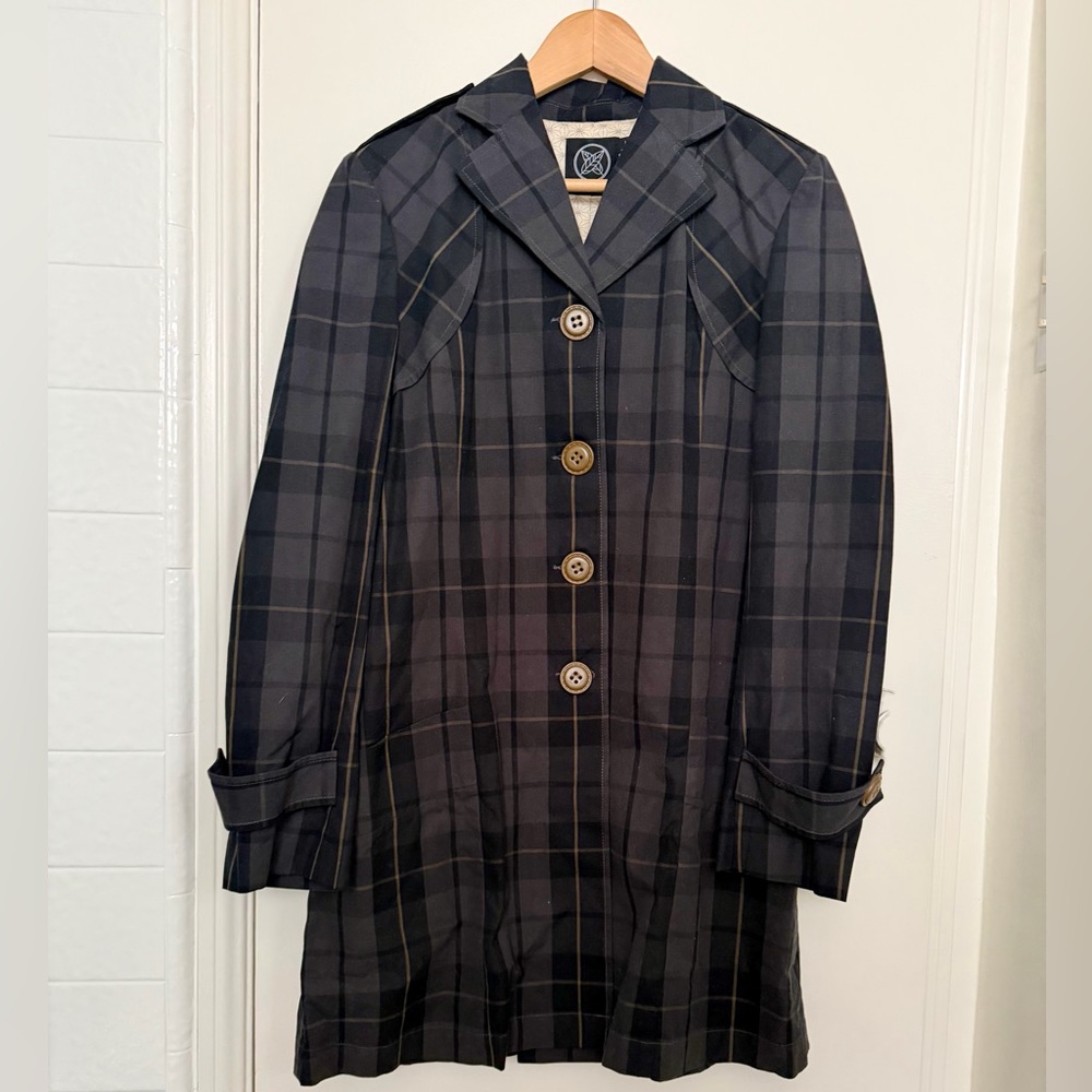 Dear Creatures Plaid Trench Coat in Black and Gray